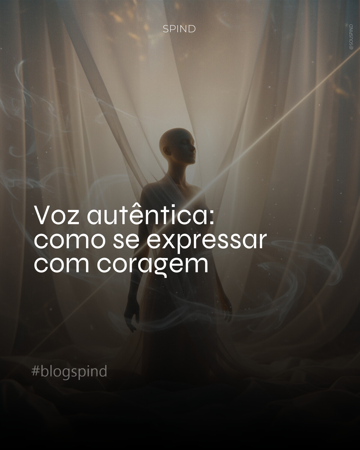 Uma composição minimalista e onírica. Uma silhueta humana, serena e poderosa, emerge de uma cortina de tecidos etéreos e translúcidos em tons de branco e pérola, banhada por uma luz dourada difusa que sugere revelação. A atmosfera é de introspecção e libertação, com texturas táteis de linho amassado e fumaça prateada dançando ao redor. O foco é a expressão silenciosa da coragem interior, com uma única fresta de luz cortando a cena, simbolizando a voz que encontra seu caminho. Estilo cinematográfico, estética Spind.