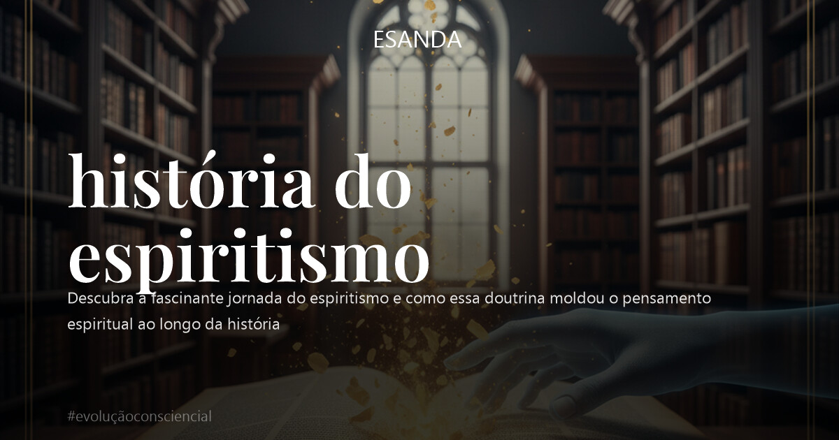 HDR, ultra-realista, cinematográfica. Uma representação etérea de um livro antigo e aberto, suas páginas douradas parecendo se desfazer em partículas de luz que se elevam. Em primeiro plano, uma mão espectral, quase translúcida, toca suavemente uma das páginas, evocando a comunicação com o plano espiritual. Ao fundo, uma biblioteca grandiosa e antiga, com estantes de madeira escura repletas de tomos, banhada por uma luz suave que penetra por uma janela alta. Atmosfera de mistério e sabedoria, com texturas ricas de papel envelhecido e madeira polida. Símbolos espirituais discretos e esmaecidos adornam as bordas da imagem, sugerindo uma fusão de conhecimento e fé.