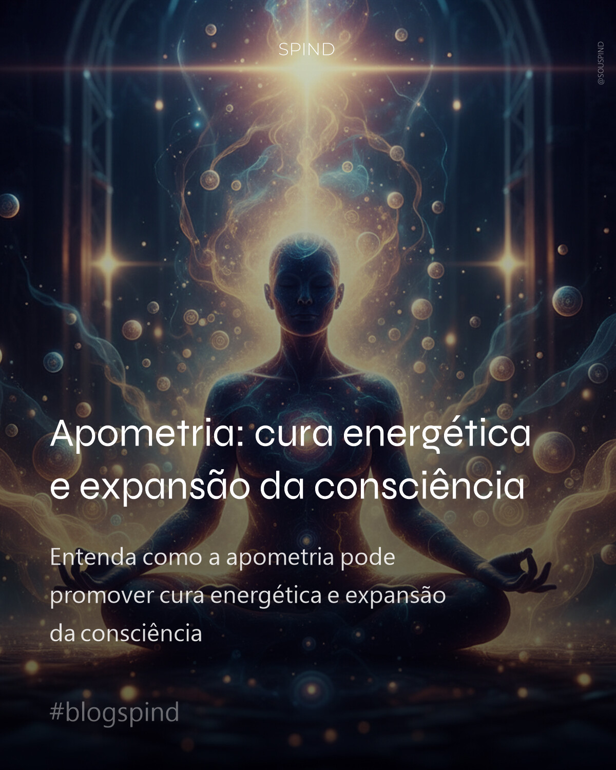 Uma figura humana em estado meditativo profundo, com silhueta clara e expressiva, emanando um brilho sutil e etéreo, como névoa dourada e violeta, que se entrelaça em texturas translúcidas e cintilantes. Ao redor, orbes de luz flutuantes e delicados padrões energéticos em espiral, evocando desdobramento astral e cura. A atmosfera é mística e serena, com sombras profundas e pontos de luz intensa criando alto contraste. Cores predominantes: azuis profundos, violetas e toques de ouro, transmitindo transcendência e equilíbrio. Foco na energia vital e na expansão da consciência, com uma estética cinematográfica 4k ultra realista.