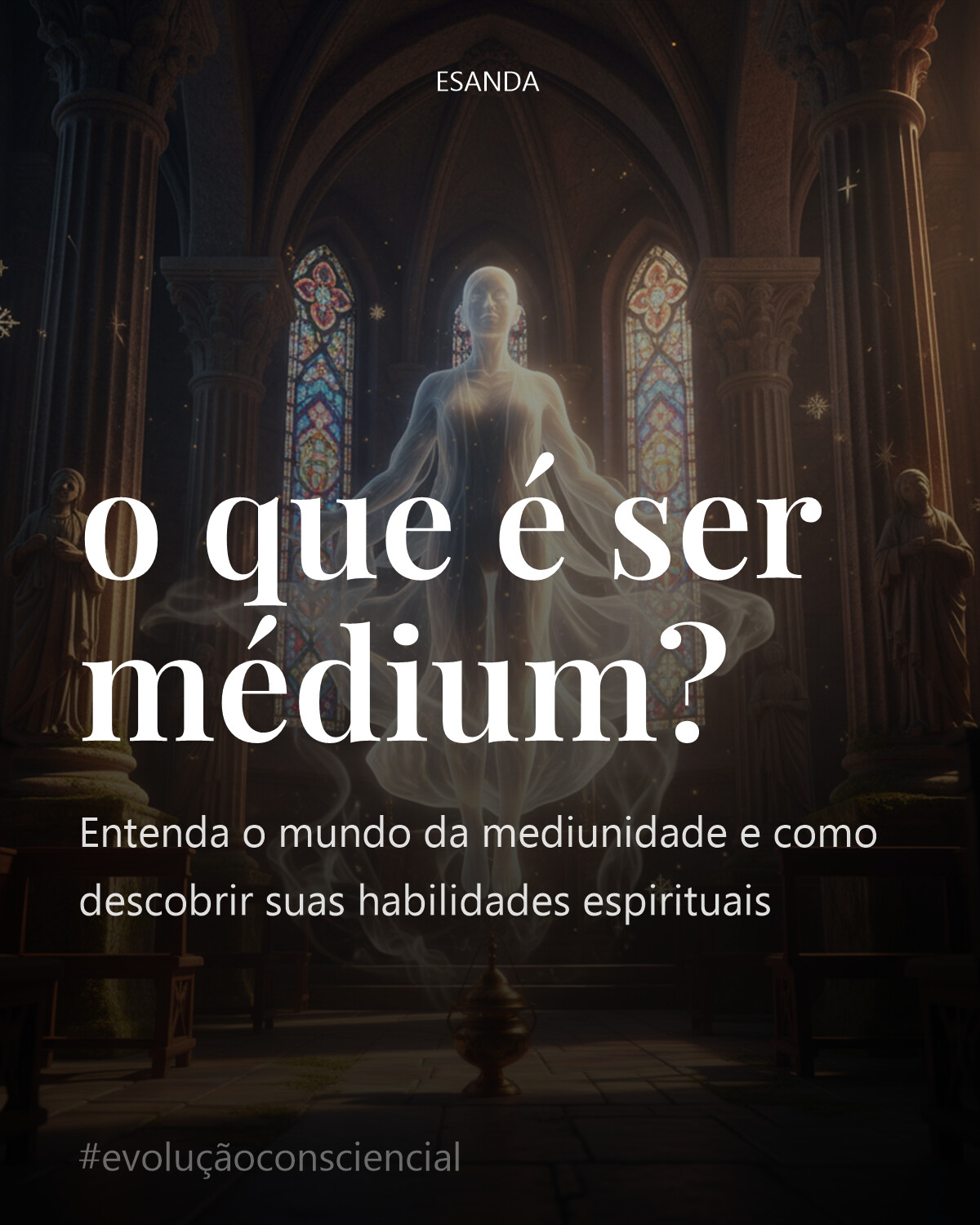 Uma figura humana etérea e serena, em postura meditativa, imersa em um templo antigo com colunas trabalhadas e luz solar filtrando por vitrais coloridos. Em primeiro plano, incenso emana uma fumaça suave que se mistura com névoas sutis, simbolizando a conexão entre mundos. Detalhes de texturas ricas em madeira e pedra. Elementos discretos de símbolos espirituais e cristãos (como uma cruz estilizada ou uma estrela de oito pontas) emergem de forma orgânica nas sombras e texturas, sugerindo a presença de guias e a profundidade da percepção. A atmosfera é de contemplação profunda e revelação silenciosa, com cores quentes e frias em contraste, em um estilo ultra realista e cinematográfico HDR.