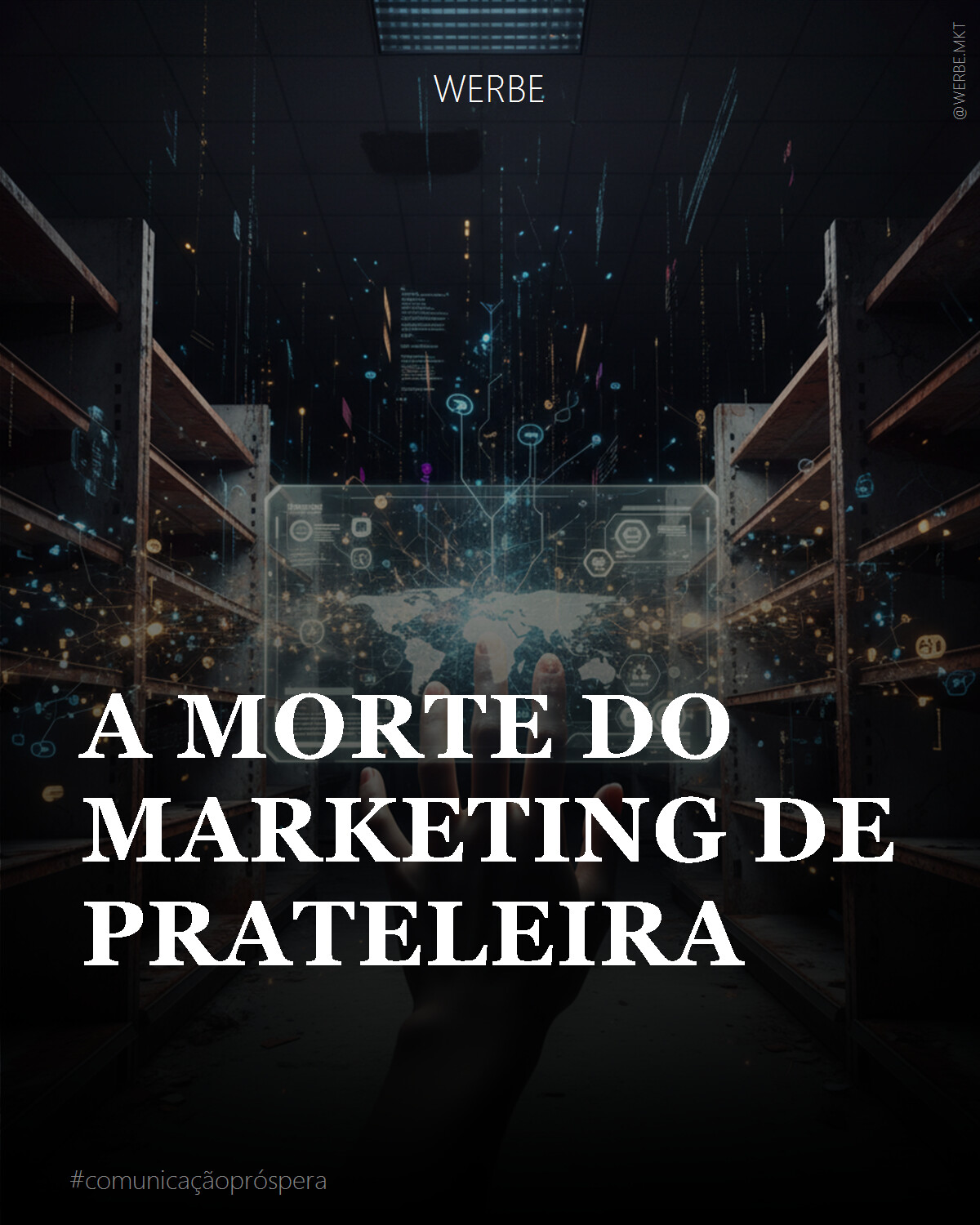 Uma composição etérea e cinematográfica. Sombras dramáticas se estendem sobre uma superfície texturizada de mármore polido. No centro, uma estrutura abstrata, quase translúcida, que sutilmente evoca uma prateleira estilizada, desintegra-se em partículas luminosas e suaves, simbolizando a obsolescência. Ao redor, feixes de luz prateada e dourada, formando redes complexas e interconectadas, representam a fluidez da automação e do branding sistêmico. A iluminação é dramática e focalizada, criando profundidade. Texturas suaves de luz e contrastes profundos dominam a cena. Paleta de cores neutras com toques metálicos, sugerindo sofisticação, inovação e a transição para uma nova era digital.