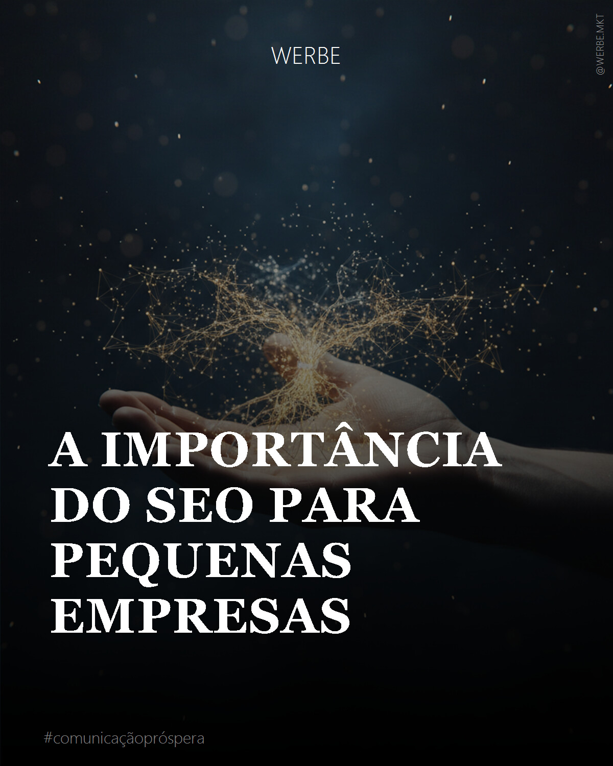 Uma composição cinematográfica e minimalista. No centro, uma mão humana estendida, com a palma ligeiramente aberta, revelando uma intrincada rede de luzes digitais douradas e prateadas que se expandem como raízes aéreas. A textura da pele da mão é finamente detalhada, contrastando com a suavidade etérea das luzes. O fundo é um degradê escuro e esfumaçado de azuis profundos e pretos, com pontos de luz difusos que sugerem uma vasta constelação. A atmosfera é de descoberta e expansão estratégica, com um foco sutil na conexão e na autoridade. Iluminação dramática realça os contornos, criando profundidade e mistério.