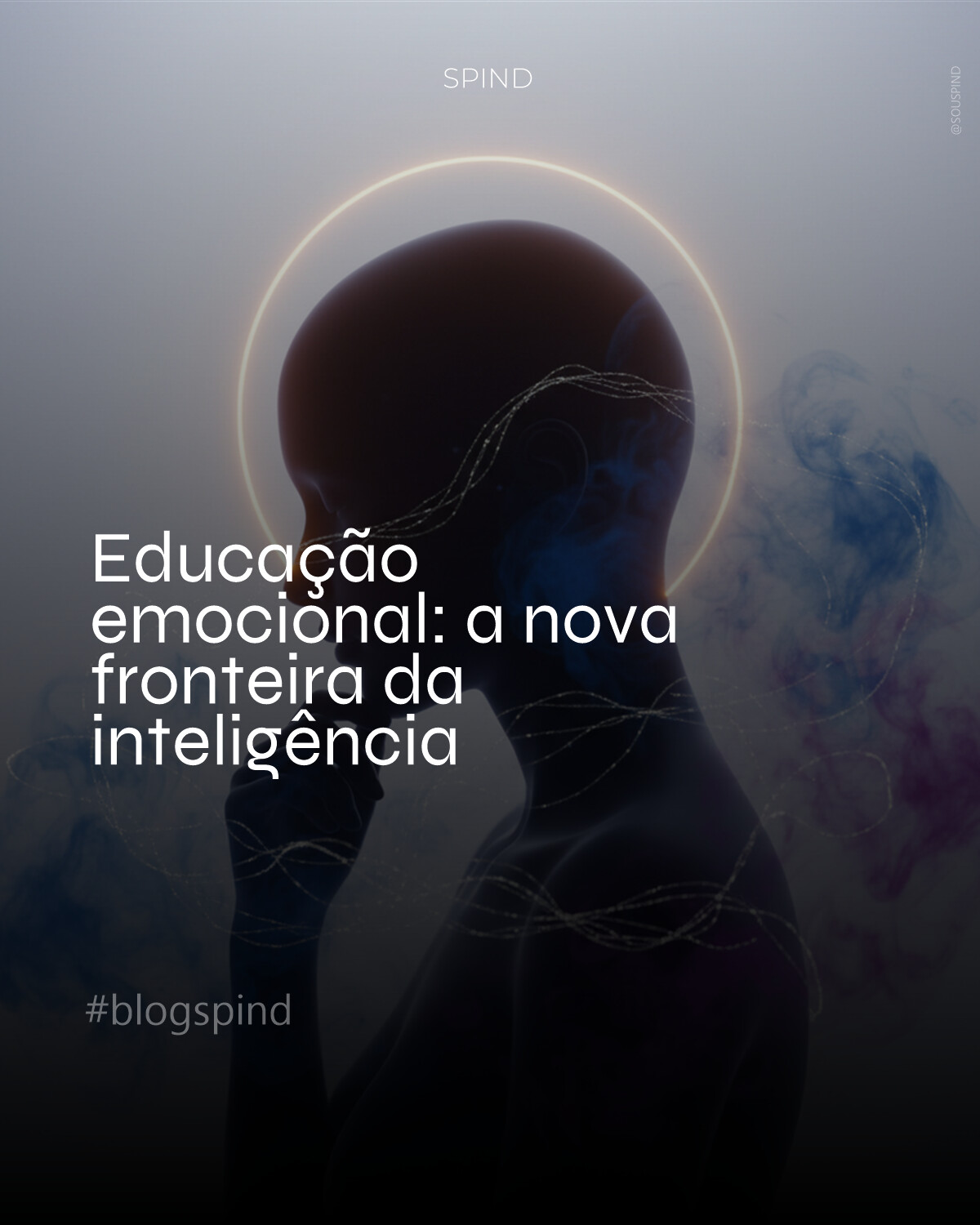 Uma figura humana abstrata ou silhueta, de perfil, com a cabeça levemente inclinada em contemplação. A luz incide suavemente, criando um halo dourado em torno da mente, simbolizando clareza emocional. Ao redor, texturas etéreas de névoa translúcida em tons de azul e roxo se entrelaçam com fios de luz prateada, representando as conexões emocionais. A atmosfera é de serenidade e descoberta, com uma profundidade que convida à introspecção. Estilo minimalista com um toque cinematográfico e cores suaves e sofisticadas.