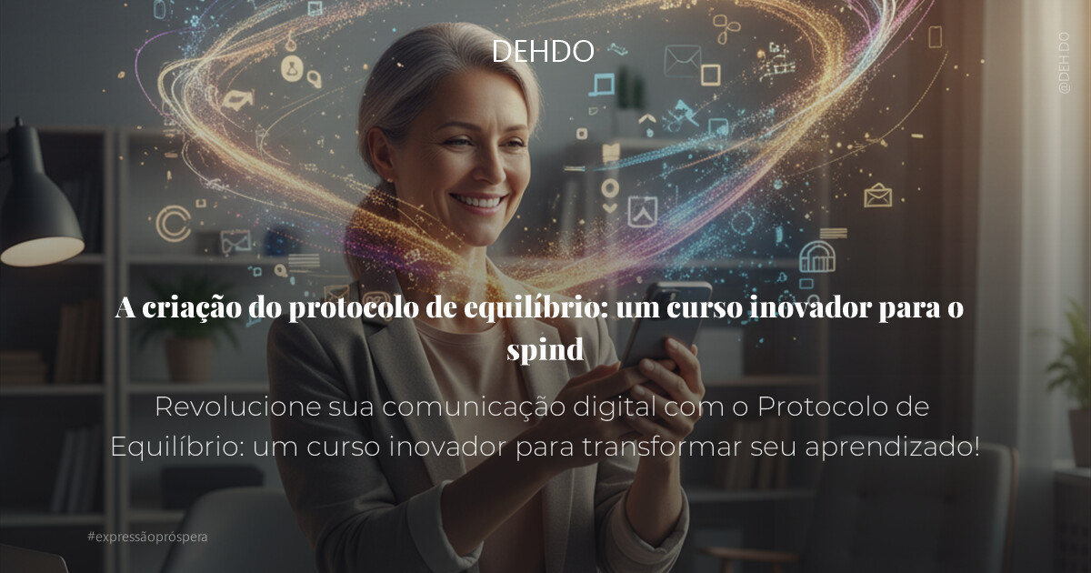 Uma pessoa vibrante e sorridente, de meia-idade, com um celular na mão, observando elementos digitais coloridos e fluidos que dançam no ar ao seu redor, formando um padrão equilibrado e dinâmico. O ambiente é um espaço de trabalho ou estudo moderno e iluminado, com detalhes do cotidiano. Há uma sensação de clareza e controle, onde a tecnologia (sutilmente representando IA e comunicação) e o bem-estar pessoal se encontram em harmonia. Cores quentes e frias contrastam vividamente, com uma luz cinematográfica que realça as texturas e profundidades. Ultra-realista, 4K, alto contraste, cheia de vida, transmitindo uma sensação de descoberta e empoderamento.