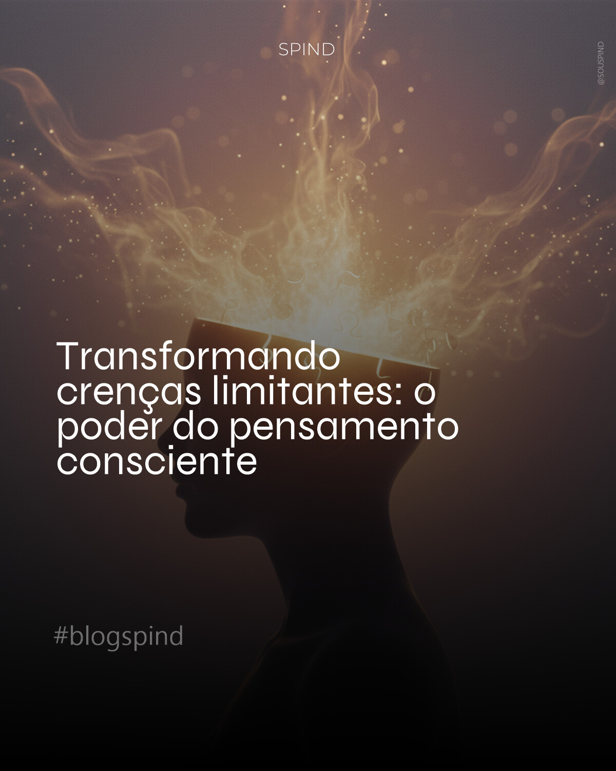Uma figura humana abstrata, estilizada, em silhueta, de perfil, com uma cabeça que se abre sutilmente, como uma flor desabrochando ou um quebra-cabeça se completando. Da abertura, emerge uma luz suave e dourada, quase etérea, irradiando para um ambiente que transita do cinzento opaco para tons quentes e vibrantes de laranja e roxo. Texturas de névoa e fumaça dramática, com partículas de luz cintilantes que representam novas ideias e possibilidades. Profundidade de campo rasa, com foco na luz central e no perfil da figura, criando uma atmosfera de esperança e renovação. Estilo minimalista, cinematográfico, com contraste elevado entre luz e sombra, evocando uma sensação de despertar interior e liberdade mental.