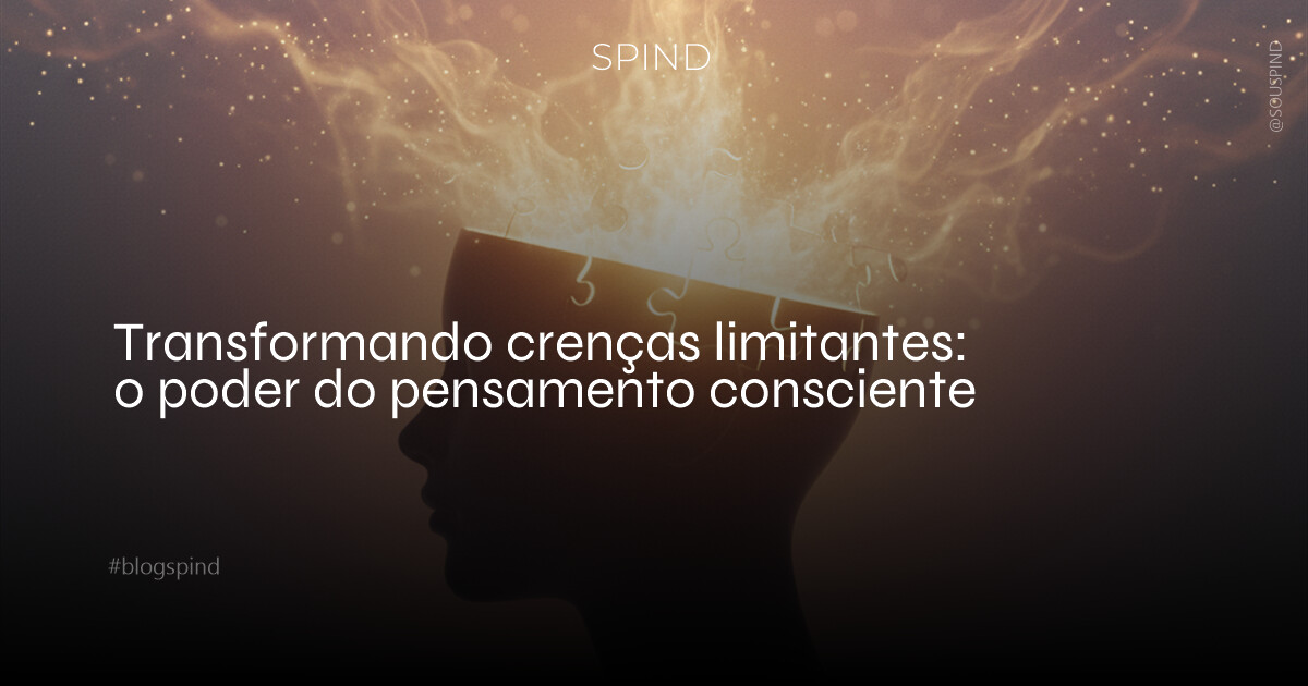 Uma figura humana abstrata, estilizada, em silhueta, de perfil, com uma cabeça que se abre sutilmente, como uma flor desabrochando ou um quebra-cabeça se completando. Da abertura, emerge uma luz suave e dourada, quase etérea, irradiando para um ambiente que transita do cinzento opaco para tons quentes e vibrantes de laranja e roxo. Texturas de névoa e fumaça dramática, com partículas de luz cintilantes que representam novas ideias e possibilidades. Profundidade de campo rasa, com foco na luz central e no perfil da figura, criando uma atmosfera de esperança e renovação. Estilo minimalista, cinematográfico, com contraste elevado entre luz e sombra, evocando uma sensação de despertar interior e liberdade mental.