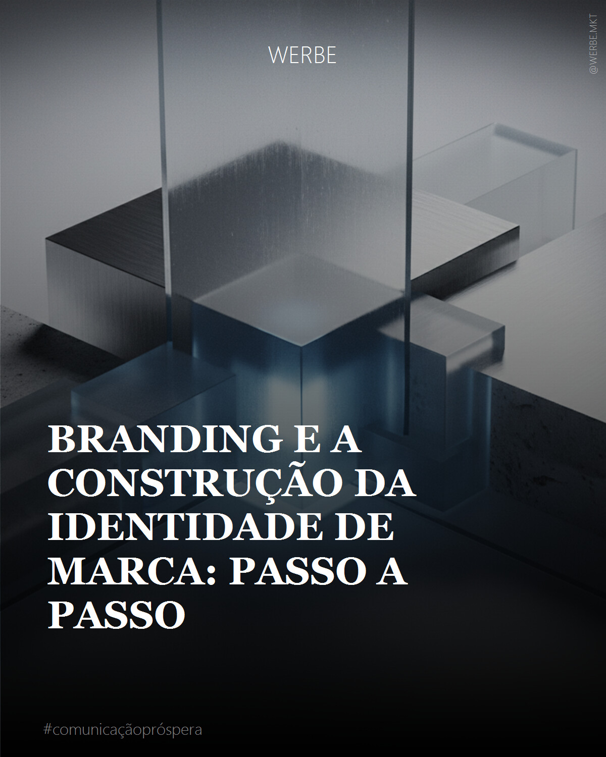 Uma cena minimalista e cinematográfica, representando a formação da identidade. Elementos abstratos, como blocos de luz difusa e superfícies texturizadas (vidro fosco, concreto polido, metal escovado), convergem e se sobrepõem, criando um senso de estrutura e coesão. A iluminação é dramática, com feixes de luz que revelam texturas e profundidade, acentuando uma paleta de cores sóbrias com toques pontuais de azul profundo e prata. A atmosfera é de precisão estratégica e construção silenciosa, evocando a essência do branding.