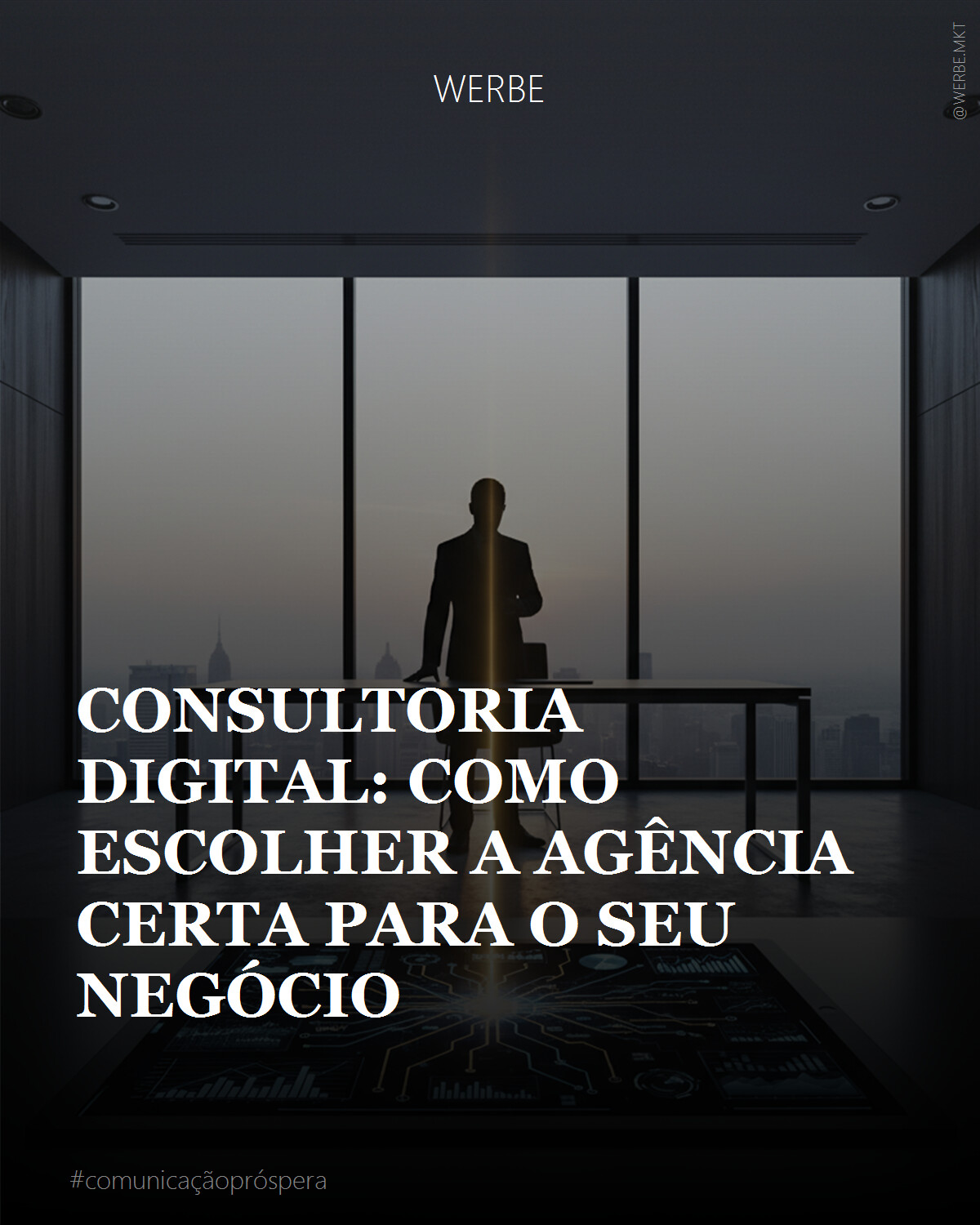 Uma figura de alto executivo, silhueta elegante em um escritório minimalista com janelas amplas. A luz suave da manhã banha a cena, criando longas sombras. Na mesa, um tablet exibe gráficos complexos e múltiplos caminhos digitais, contrastando com um único farol de luz que emerge de um ponto focal. Texturas sutis de concreto polido e madeira escura. A atmosfera é de decisão estratégica, contemplação e clareza emergente, com um toque cinematográfico e cores suaves, quase monocromáticas com um toque de azul profundo e dourado sutil.