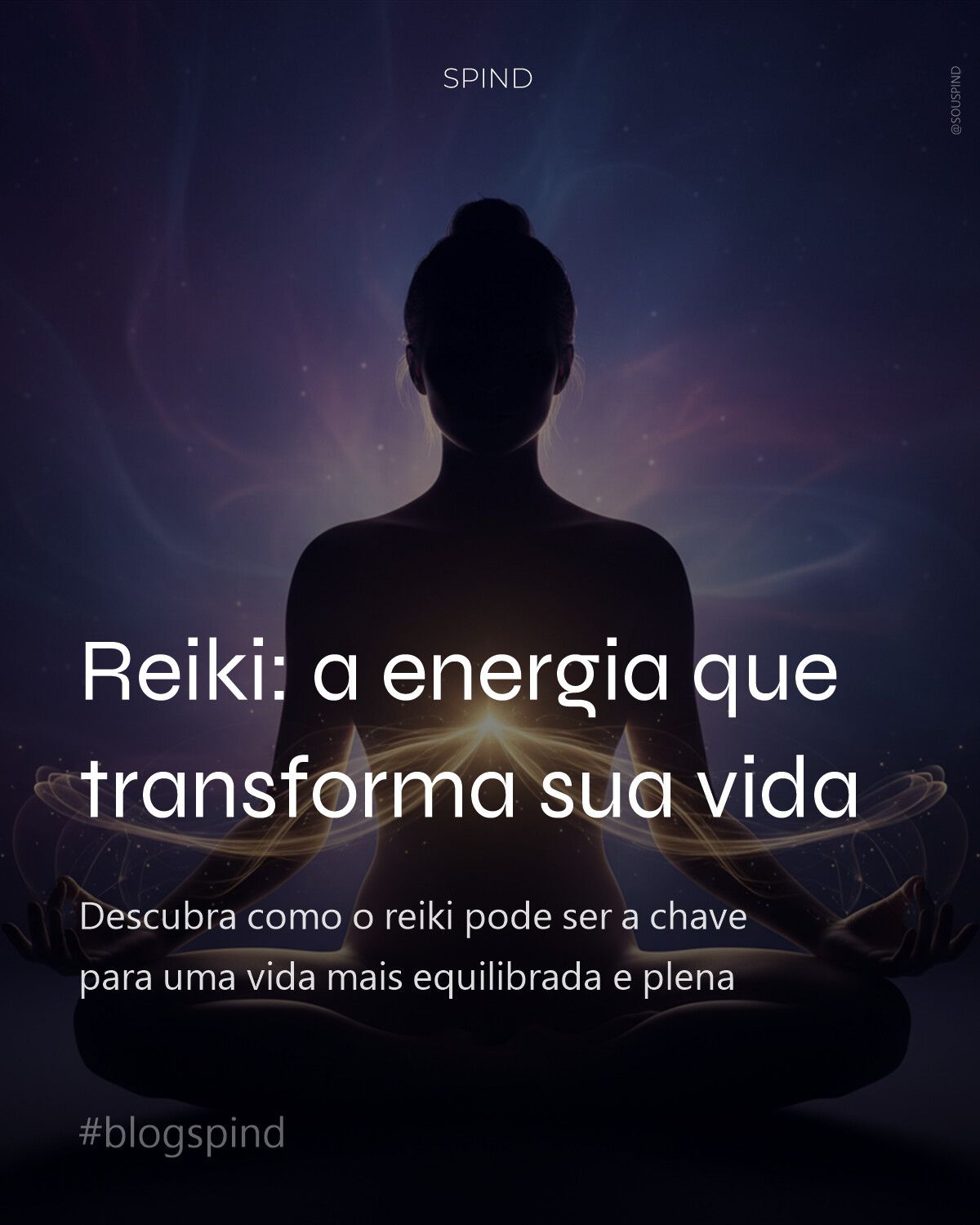 Uma silhueta serena de uma pessoa em postura meditativa, com as mãos suavemente posicionadas, emanando uma luz etérea dourada e sutil. Fluxos energéticos delicados e translúcidos visíveis ao redor das mãos e do corpo. O fundo é uma fusão sofisticada de roxos e azuis cósmicos profundos, com texturas suaves e fluidas que sugerem energia universal. Iluminação de alto contraste acentua o brilho e define a figura, criando uma atmosfera cinematográfica e espiritual. Ultra realista, 4k.