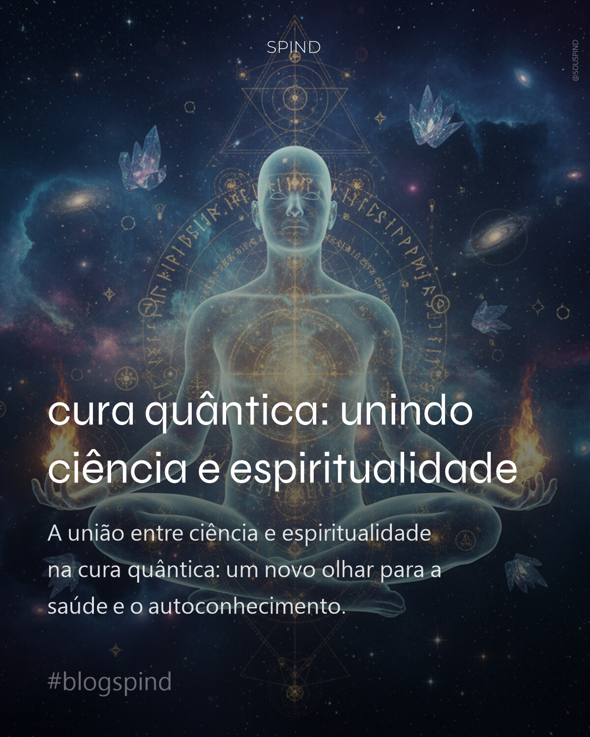 Uma figura humana em estado de meditação profunda, emanando uma luz etérea que se entrelaça com complexos padrões quânticos e símbolos energéticos. As mãos da figura irradiam delicadas chamas douradas e azuis. O ambiente é um espaço cósmico abstrato, com nebulosas e constelações distantes fundindo-se a estruturas geométricas sutis, criando uma atmosfera de mistério e sabedoria. Paleta de cores vibrantes de tons púrpuras, azuis profundos e dourados luminosos. Iluminação cinematográfica, alto contraste, texturas suaves e orgânicas contrastando com brilhos definidos. Imagem ultra-realista, 4K, evocando expansão da consciência e harmonia universal.