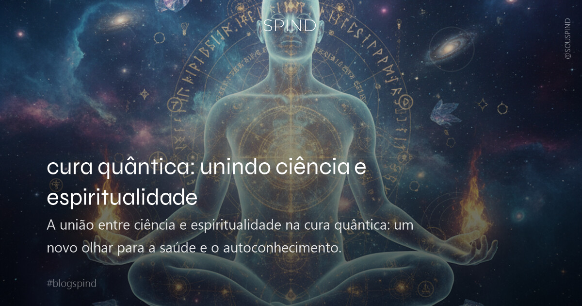 Uma figura humana em estado de meditação profunda, emanando uma luz etérea que se entrelaça com complexos padrões quânticos e símbolos energéticos. As mãos da figura irradiam delicadas chamas douradas e azuis. O ambiente é um espaço cósmico abstrato, com nebulosas e constelações distantes fundindo-se a estruturas geométricas sutis, criando uma atmosfera de mistério e sabedoria. Paleta de cores vibrantes de tons púrpuras, azuis profundos e dourados luminosos. Iluminação cinematográfica, alto contraste, texturas suaves e orgânicas contrastando com brilhos definidos. Imagem ultra-realista, 4K, evocando expansão da consciência e harmonia universal.