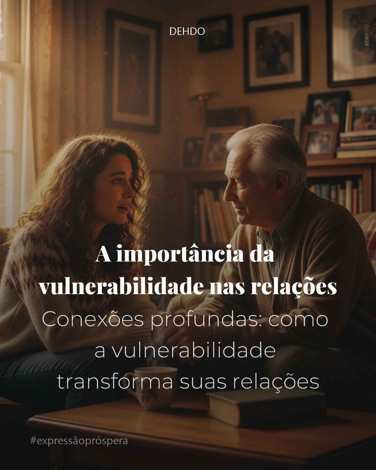 Cena cinematográfica ultra-realista 4k de duas pessoas de diferentes gerações ou origens compartilhando um momento de vulnerabilidade e conexão. Um deles tem uma expressão de abertura sincera, enquanto o outro demonstra escuta empática e acolhimento. A luz dourada do final de tarde ilumina suavemente seus rostos, realçando texturas da pele e expressões genuínas. Atmosfera de conforto, segurança e confiança mútua. Detalhes sutis no ambiente que sugiram um espaço pessoal e acolhedor, como uma xícara de chá ou um livro. Cores quentes e vibrantes com contraste elevado, transmitindo emoção e autenticidade. Estilo de fotografia de retrato documental íntimo.