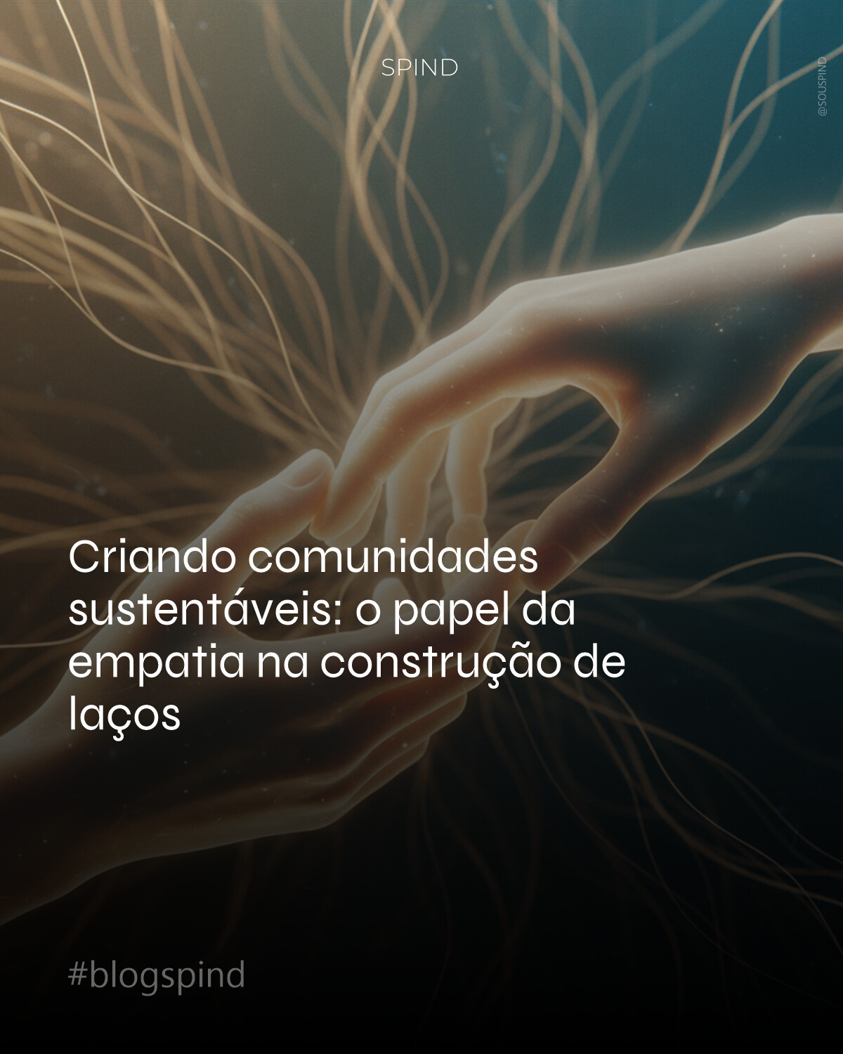 Uma composição minimalista e etérea, onde mãos se entrelaçam suavemente, quase translúcidas, formando uma ponte. A luz dourada e difusa banha a cena, realçando as texturas sutis da pele e criando halos em torno dos pontos de contato. Ao fundo, filamentos luminosos e orgânicos, como raízes ou fibras delicadas, se expandem em um gradiente suave de tons terrosos e azuis-petróleo, sugerindo uma rede de conexão invisível e resiliente. A atmosfera é de calor, confiança e interdependência, com um toque de surrealismo onírico. Profundidade de campo rasa, focando na intimidade das mãos e na abstração do fundo.