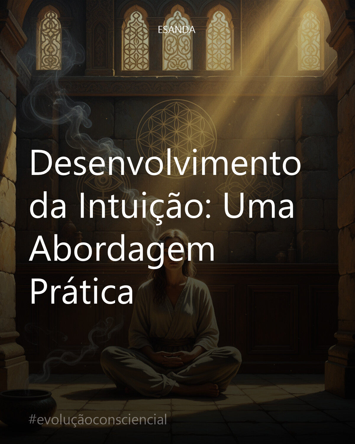 Cena HDR ultra realista: Uma figura em silêncio profundo, com traços de serenidade e sabedoria, sentada em meditação dentro de um templo milenar. Luz solar dourada filtra-se através de aberturas ornamentadas, banhando o ambiente em um brilho etéreo e revelando volutas de fumaça de incenso que dançam no ar. Em segundo plano, símbolos espirituais sutis – como um olho estilizado ou uma flor da vida entrelaçada com um nó celta – emergem das sombras, quase como um eco visual de um pensamento. Texturas ricas de pedra antiga e madeira polida. A composição evoca uma atmosfera de profunda introspecção, clareza mental e conexão espiritual. Semelhante a uma pintura barroca moderna, com alto contraste e profundidade cinematográfica 4K. Uma visão de paz interior e sabedoria intuitiva desvelada.