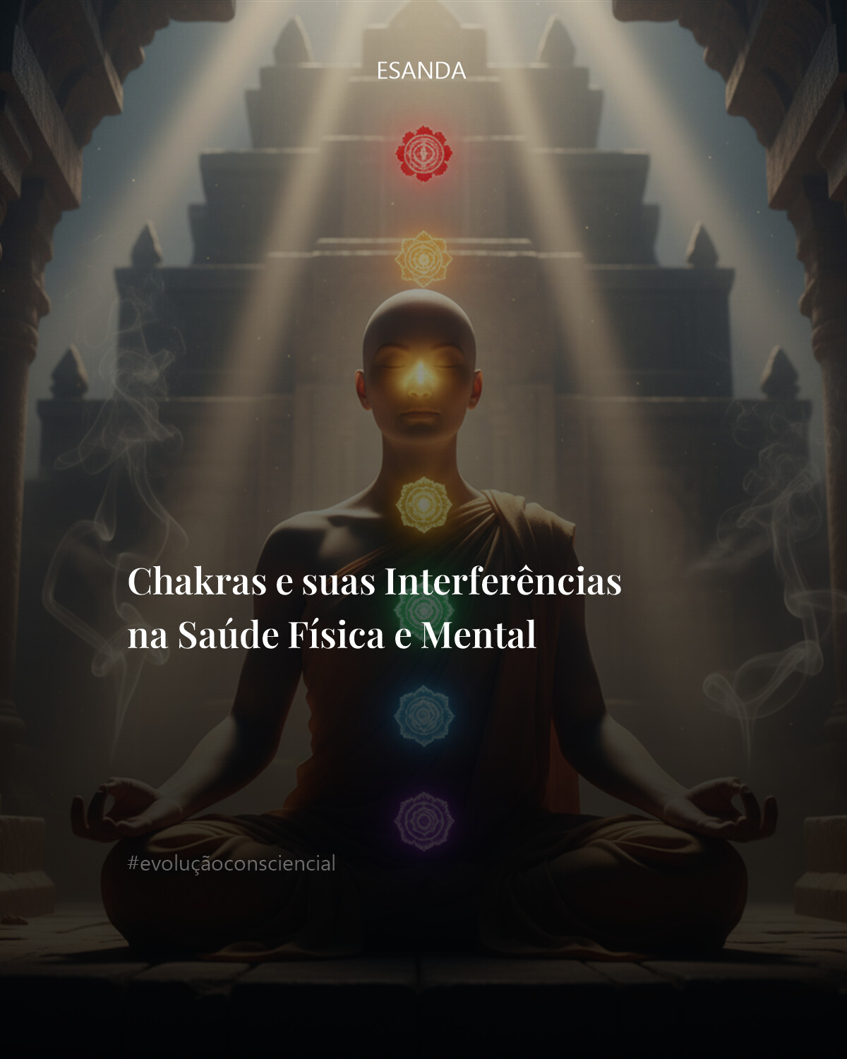 Uma figura andrógina e serena, com traços que remetem a um monge ou sábio espiritual, meditando em meio a uma atmosfera etérea. Sete orbes de luz vibrante, representando os chakras, flutuam alinhados verticalmente ao longo da coluna vertebral da figura, irradiando cores intensas (vermelho, laranja, amarelo, verde, azul, índigo, violeta). Ao fundo, a arquitetura majestosa de um antigo templo espiritual com detalhes em pedra, envolto por uma névoa suave e raios de luz dourada que penetram as frestas. Partículas de incenso ascendem, criando uma textura visual suave. O ambiente transmite paz profunda e conexão cósmica. Ultra realista, cinematográfico, HDR, 4K.