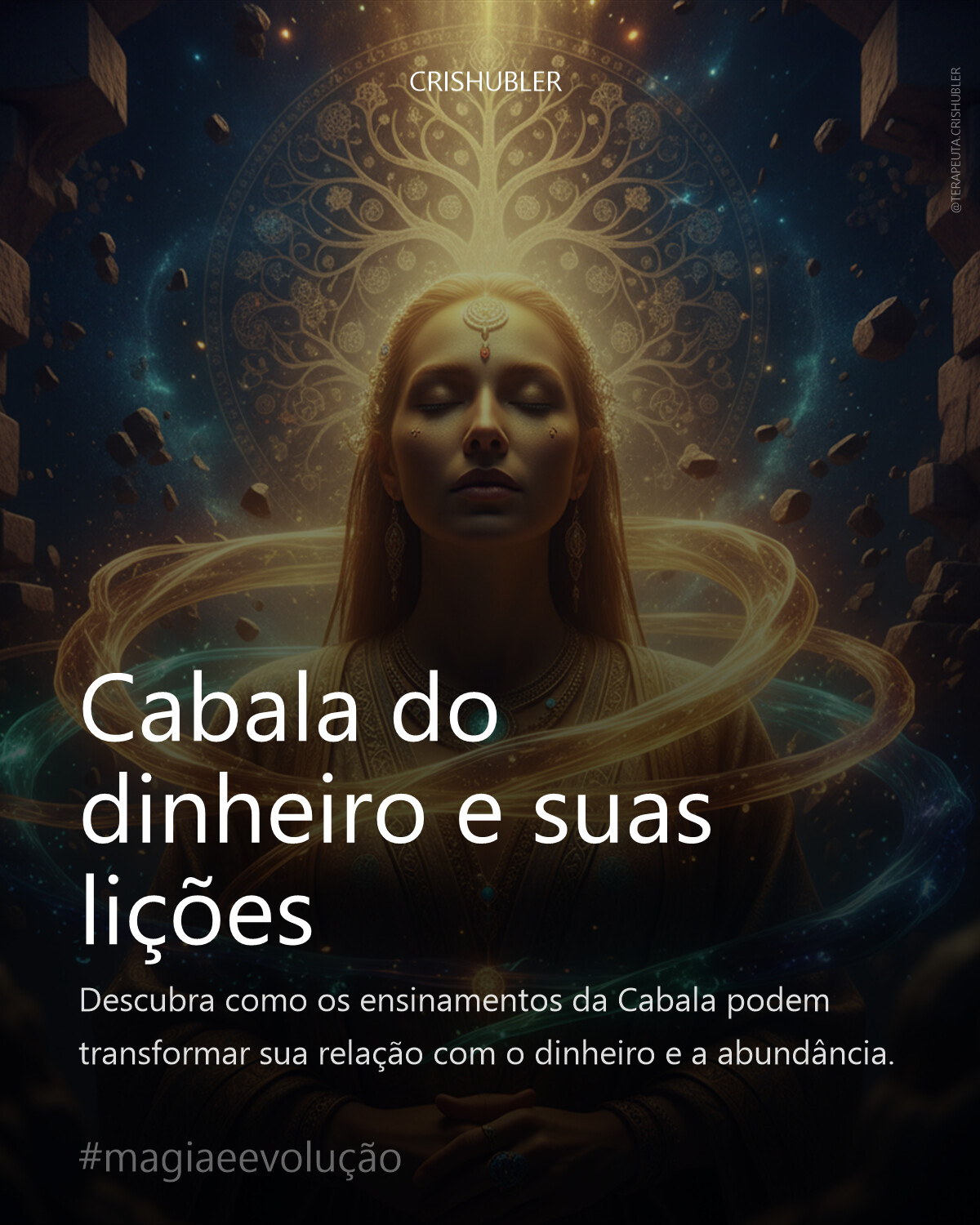 Um retrato místico e profundamente atmosférico de uma pessoa em contemplação serena, banhada por uma luz dourada etérea. Padrões sutis e intrincados, que lembram a Árvore da Vida, brilham suavemente ao fundo, entrelaçando-se em paredes antigas e texturizadas ou em poeira cósmica. Correntes fluidas de energia luminosa e abstrata (simbolizando dinheiro e abundância) giram em torno da figura, sugerindo interconexão. A composição deve ser rica em alto contraste, com sombras e realces dramáticos, e uma estética cinematográfica 4K ultra-realista. Foco em elementos de desfoque suave e detalhes nítidos onde desejado.