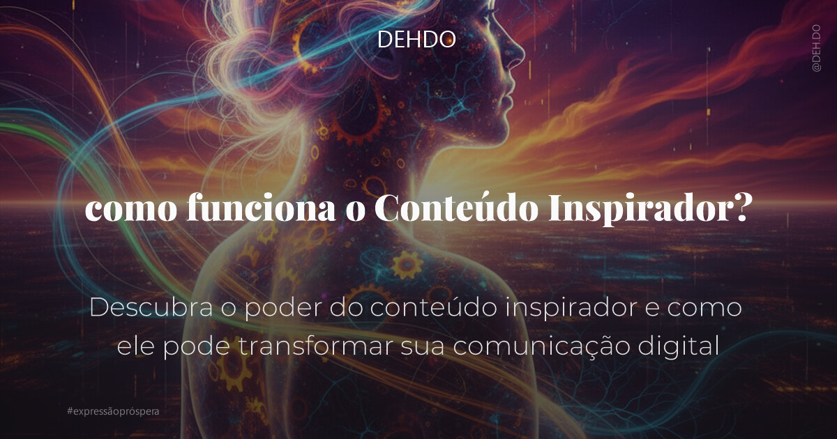 Uma figura humana, de perfil ou ligeiramente de costas, com uma aura luminosa e etérea, observando um horizonte digital vibrante onde ideias e emoções se materializam como filamentos de luz colorida. Detalhes sutis de engrenagens ou sinapses neurais entrelaçadas em tons dourados e azuis profundos, simbolizando a neurociência por trás da inspiração. A cena é banhada por uma luz dramática, com alto contraste e uma paleta de cores ricas — púrpuras, laranjas e cianos — criando uma atmosfera de descoberta e empoderamento. Texturas orgânicas e digitais se mesclam, evocando um sentimento de conexão e expansão. Estilo cinematográfico, ultra-realista, 4k.