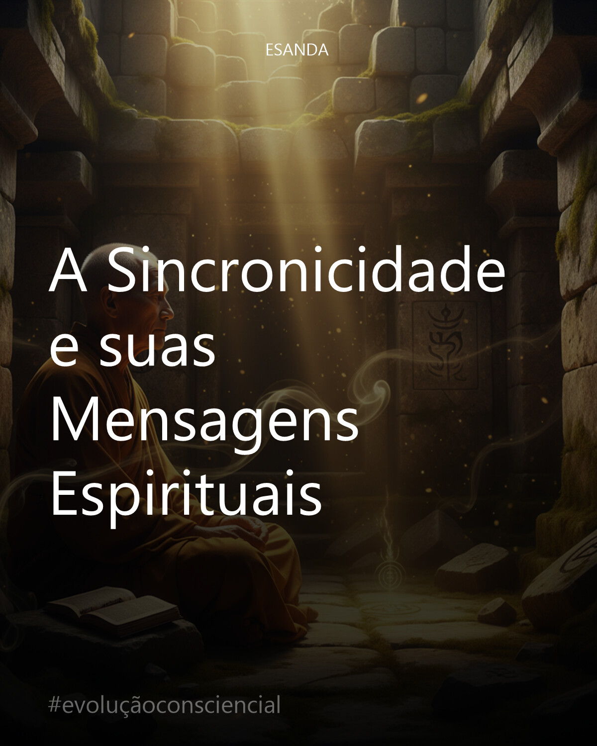 Um monge ou sábio, de perfil sereno e introspectivo, meditando em meio a ruínas antigas de um templo, banhado por uma luz dourada e etérea que filtra através de frestas. Partículas de incenso ou fumaça sutilmente iluminadas dançam no ar, formando padrões que conectam elementos simbólicos discretos – talvez um pequeno livro aberto, um símbolo espiritual gravado na pedra e um raio de luz que aponta para um detalhe específico. Textura de pedra antiga e desgastada, musgo suave, contraste profundo entre luz e sombra. Atmosfera de mistério e revelação silenciosa. Detalhes ultra realistas, qualidade cinematográfica, HDR.