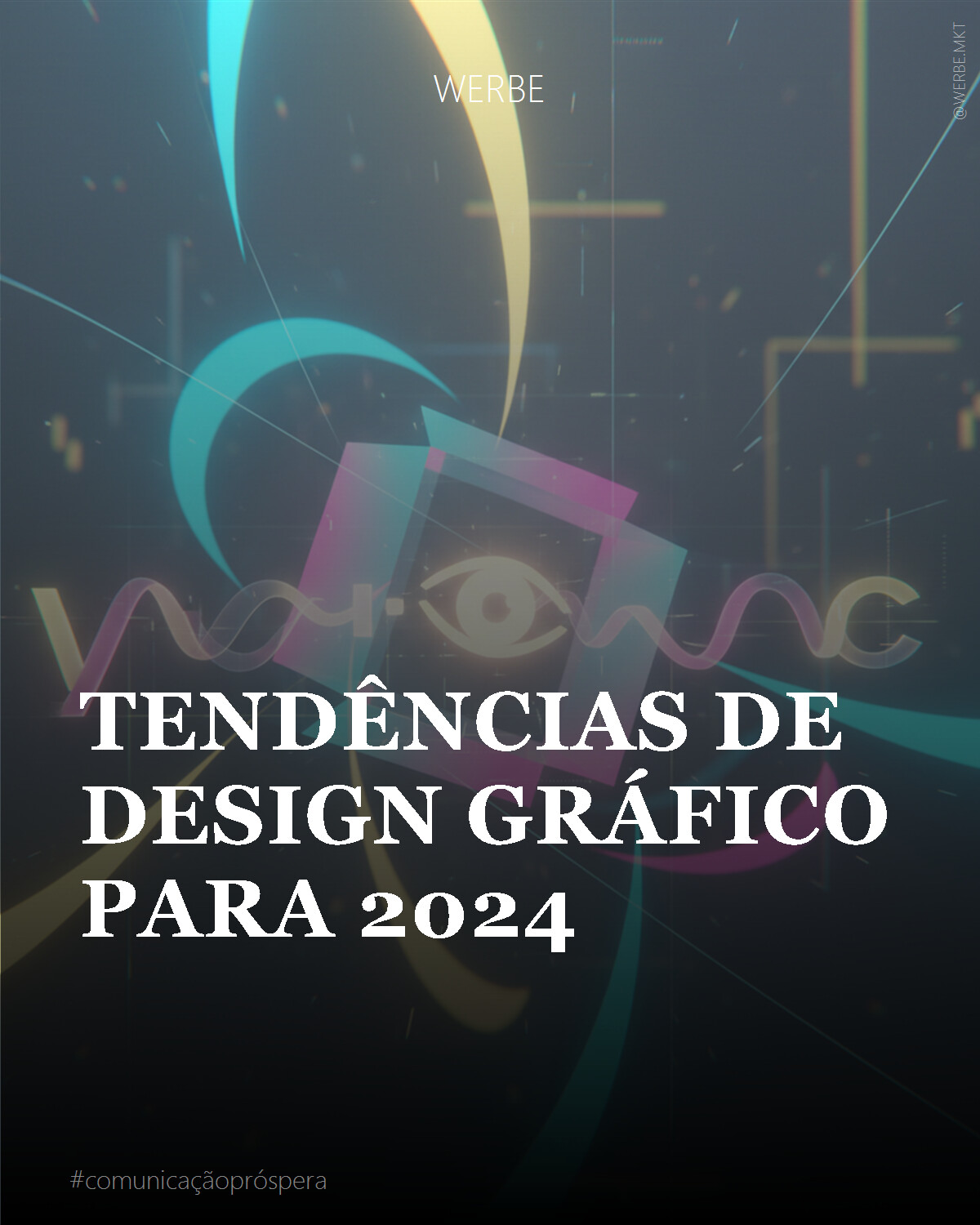 Uma composição visual futurista e minimalista, onde elementos gráficos abstratos flutuam em um espaço etéreo. Predominância de tons vibrantes de ciano, magenta e amarelo em gradientes suaves que se mesclam com texturas digitais sutis e linhas limpas. Um cubo translúcido, talvez com um olho estilizado em seu interior, reflete feixes de luz que se conectam a formas tipográficas experimentais, levemente animadas. A atmosfera é de inovação silenciosa, com foco na convergência da criatividade humana e inteligência artificial. Iluminação dramática que realça profundidade e transparência.