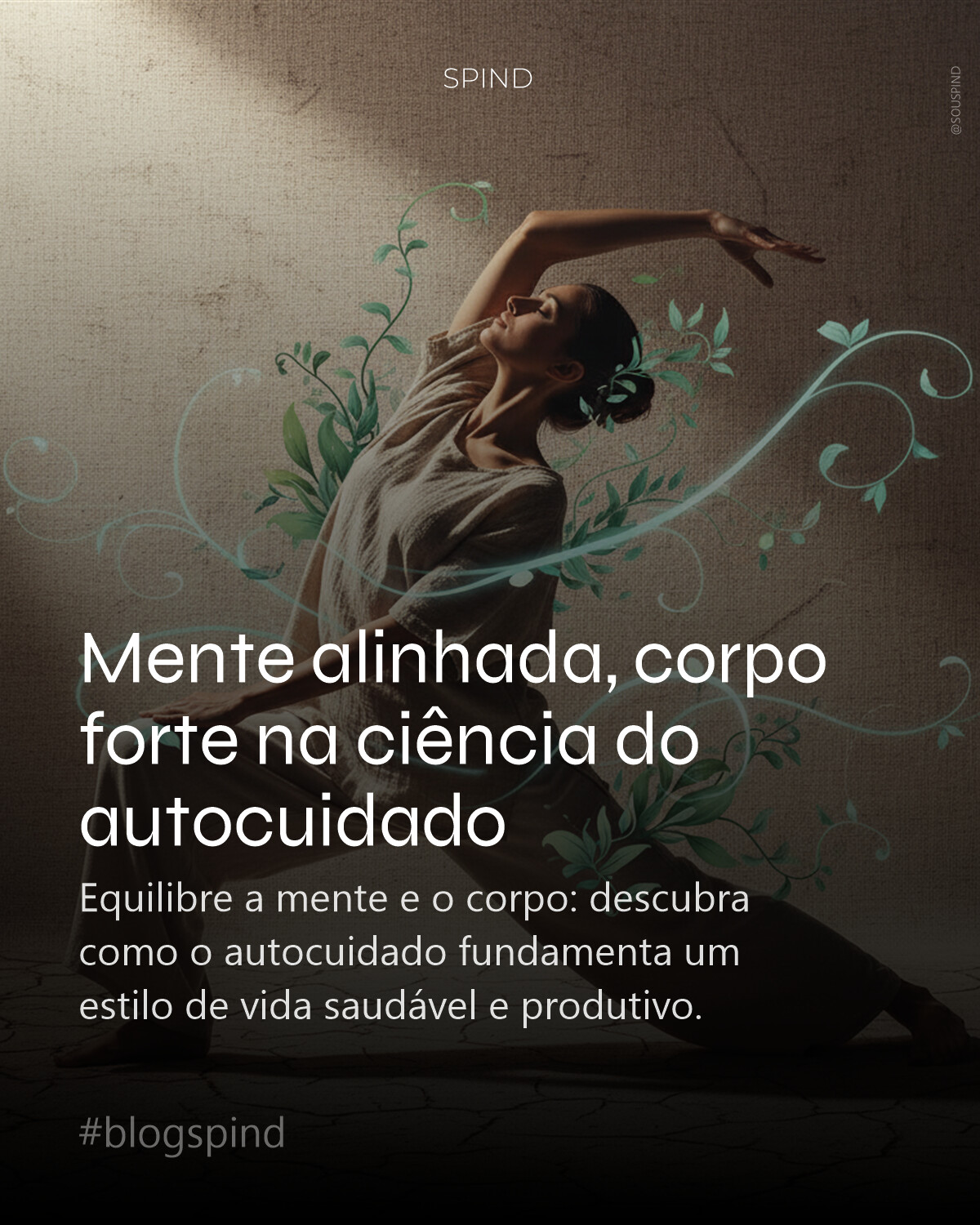 Uma figura humana serena em pose meditativa ou de alongamento leve, silhueta elegante contra um fundo minimalista e texturizado. Iluminação dramática, com raios de luz suaves destacando contornos e criando sombras profundas. Elementos abstratos de energia fluida ou folhagem sutilmente entrelaçados, simbolizando a fusão de corpo e mente. Texturas ricas de tecido natural e luz difusa. Paleta de cores em tons pastéis suaves e terrosos, com um toque vibrante de verde-água ou azul claro, evocando equilíbrio e vitalidade. Atmosfera de profunda calma, clareza e poder interior. Estilo cinematográfico, high-key lighting com contrastes suaves.