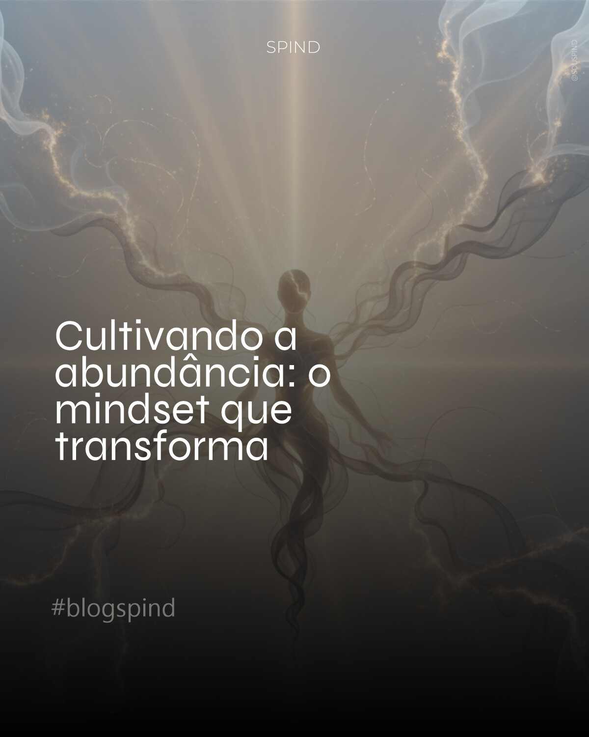 Uma representação etérea e minimalista da mente humana em expansão. Luz dourada e difusa emana do centro, envolvendo uma silhueta abstrata que sugere crescimento e conexão. Texturas suaves de névoa e seda se entrelaçam com filamentos luminosos, criando um campo energético que irradia serenidade e potencial ilimitado. A atmosfera é de introspecção e revelação, com toques de azul celeste e branco perolado nas bordas, enfatizando um despertar consciente.