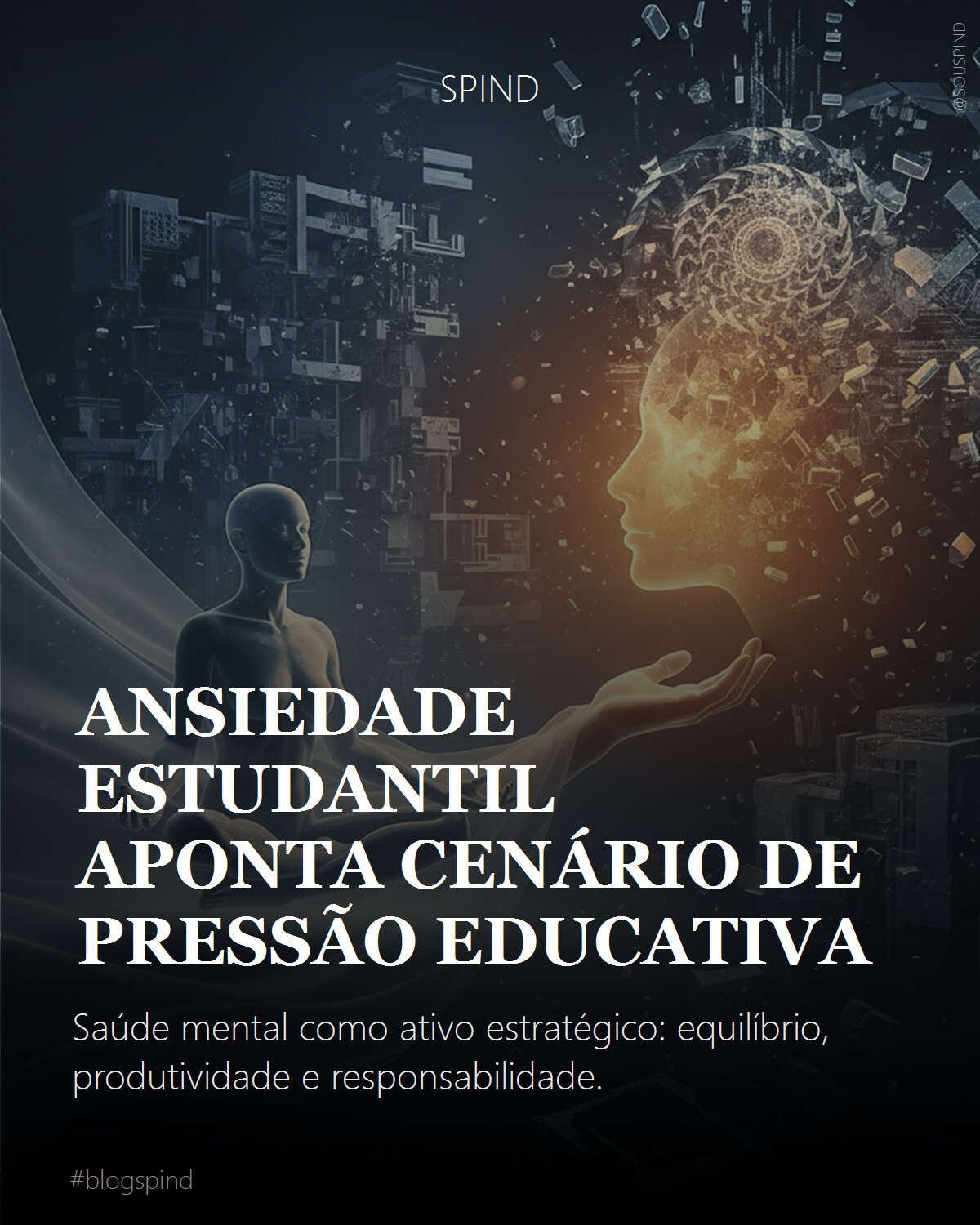 Uma ilustração etérea e simbólica de uma mente jovem sob pressão, representada por engrenagens ou fios emaranhados, mas com um suave brilho dourado de luz emanando de um ponto central, simbolizando equilíbrio e esperança em meio ao caos. Cores suaves, tons pastéis e elementos que remetem a estudos, como livros ou cadernos, desfocados ao fundo.