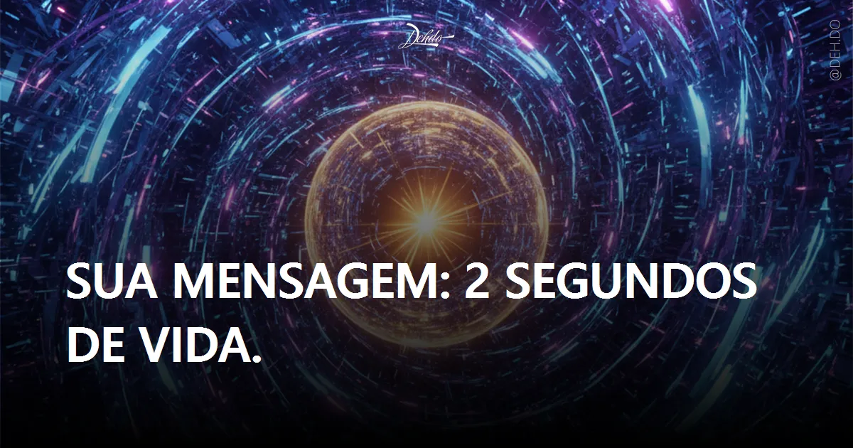 A surrealista representação de um fluxo contínuo de informações digitais e símbolos abstratos, como zeros e uns, pixelados e embaçados, correndo rapidamente. No centro, uma figura humana com a silhueta em foco nítido, em pose de meditação ou concentração profunda, com ondas de energia ou luz emanando da sua cabeça e boca, cortando o fluxo rápido da informação e criando um ponto de clareza e impacto em dois segundos. As cores são vibrantes e contrastantes, com um foco de luz na figura central e no "corte" na velocidade, simbolizando clareza e poder de expressão. Foco na dualidade caos x clareza.